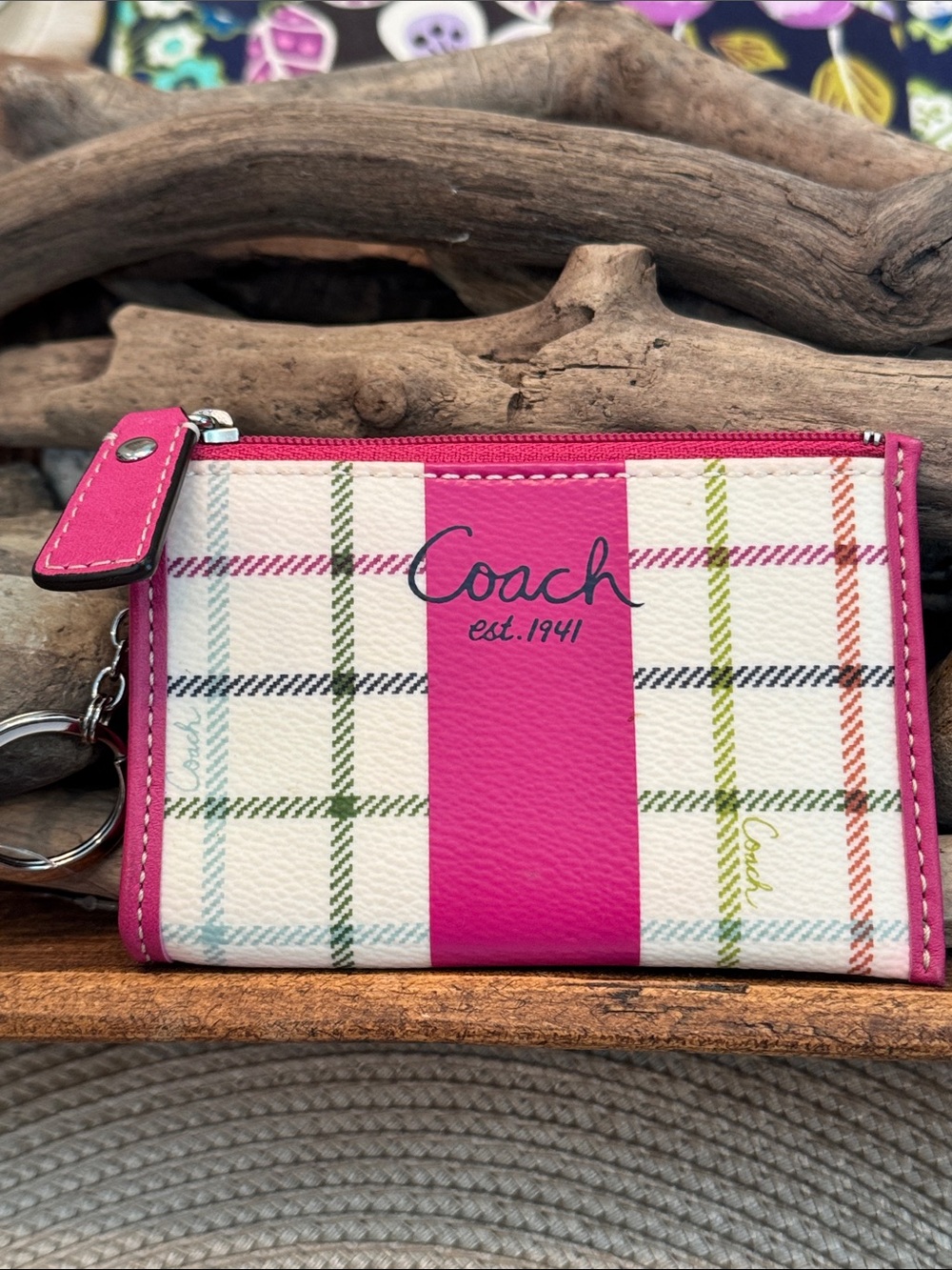Coach Pink Plaid Zip Card Case Keyring